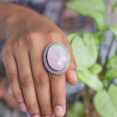 Rose Quartz Oxidised Crystal Ring | Self-love & Self Confidence