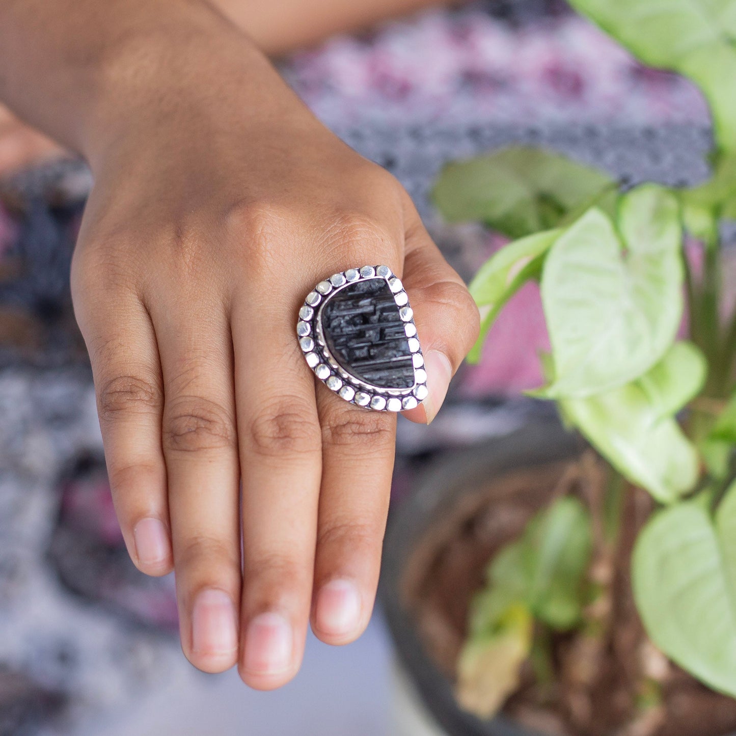 Black Tourmaline Oxidised Statement Ring | Grounding & Protection Crystal Stones