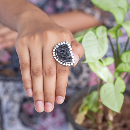 Black Tourmaline Oxidised Statement Ring | Grounding & Protection Crystal Stones