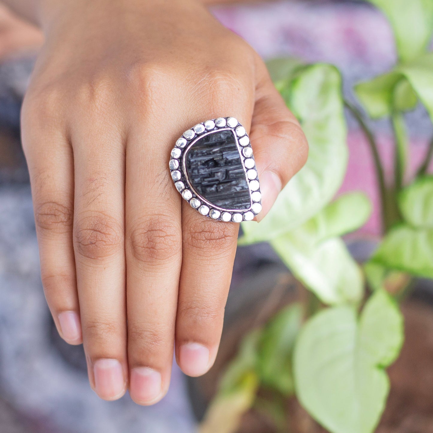 Black Tourmaline Oxidised Statement Ring | Grounding & Protection Crystal Stones