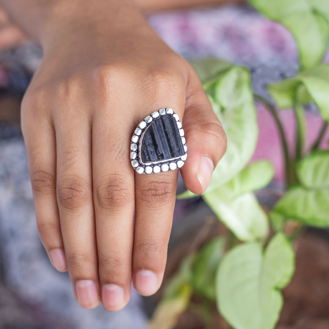 Black Tourmaline Oxidised Statement Ring | Grounding & Protection