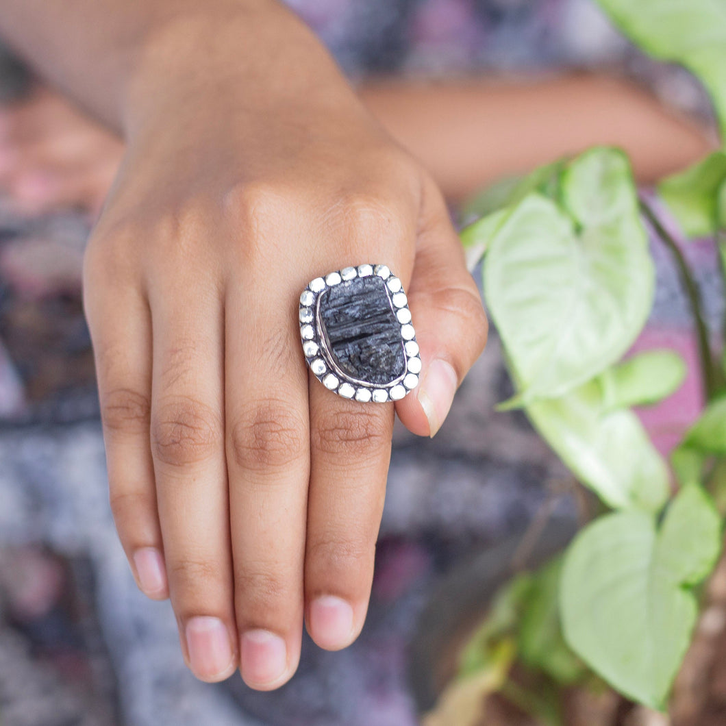 Black Tourmaline Oxidised Statement Ring | Grounding & Protection