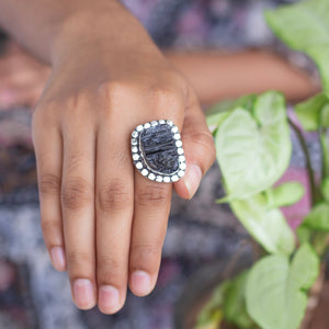 Black Tourmaline Oxidised Statement Ring | Grounding & Protection