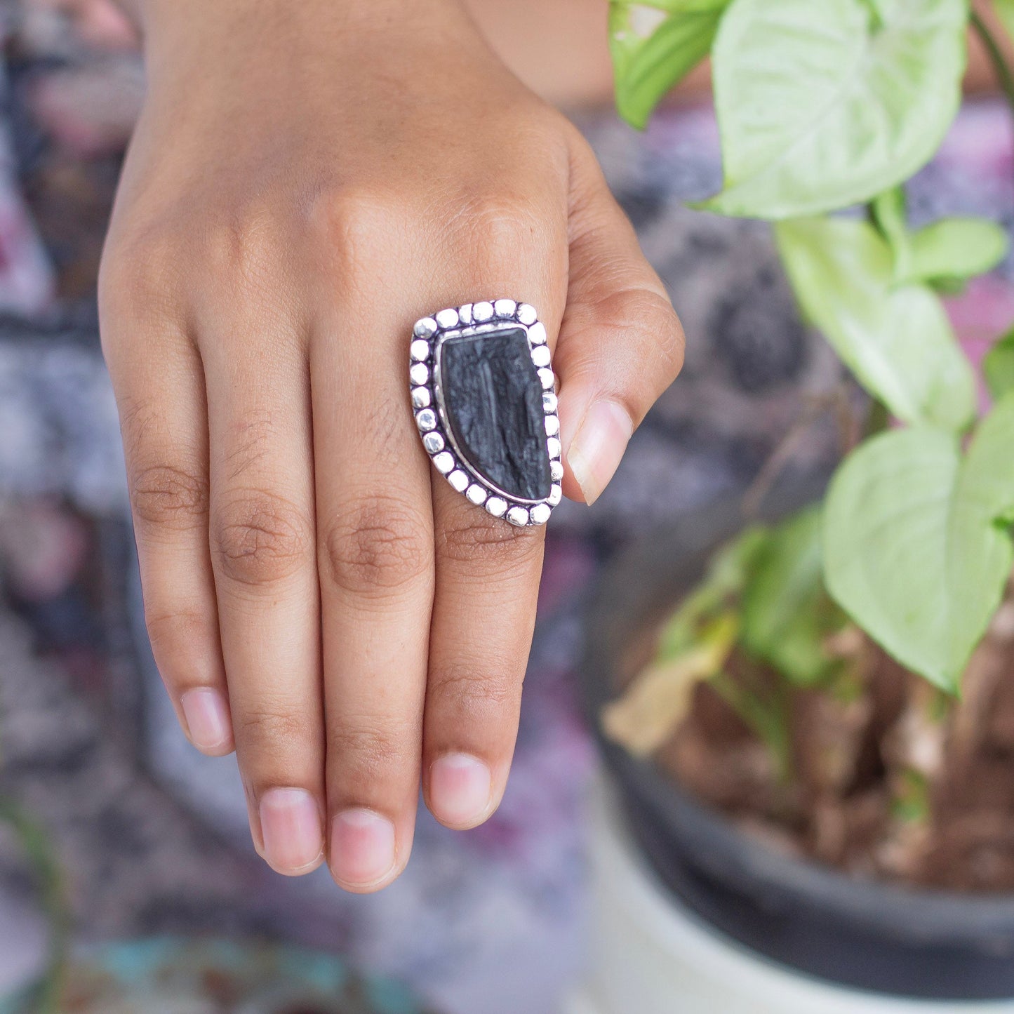 Black Tourmaline Oxidised Statement Ring | Grounding & Protection Crystal Stones