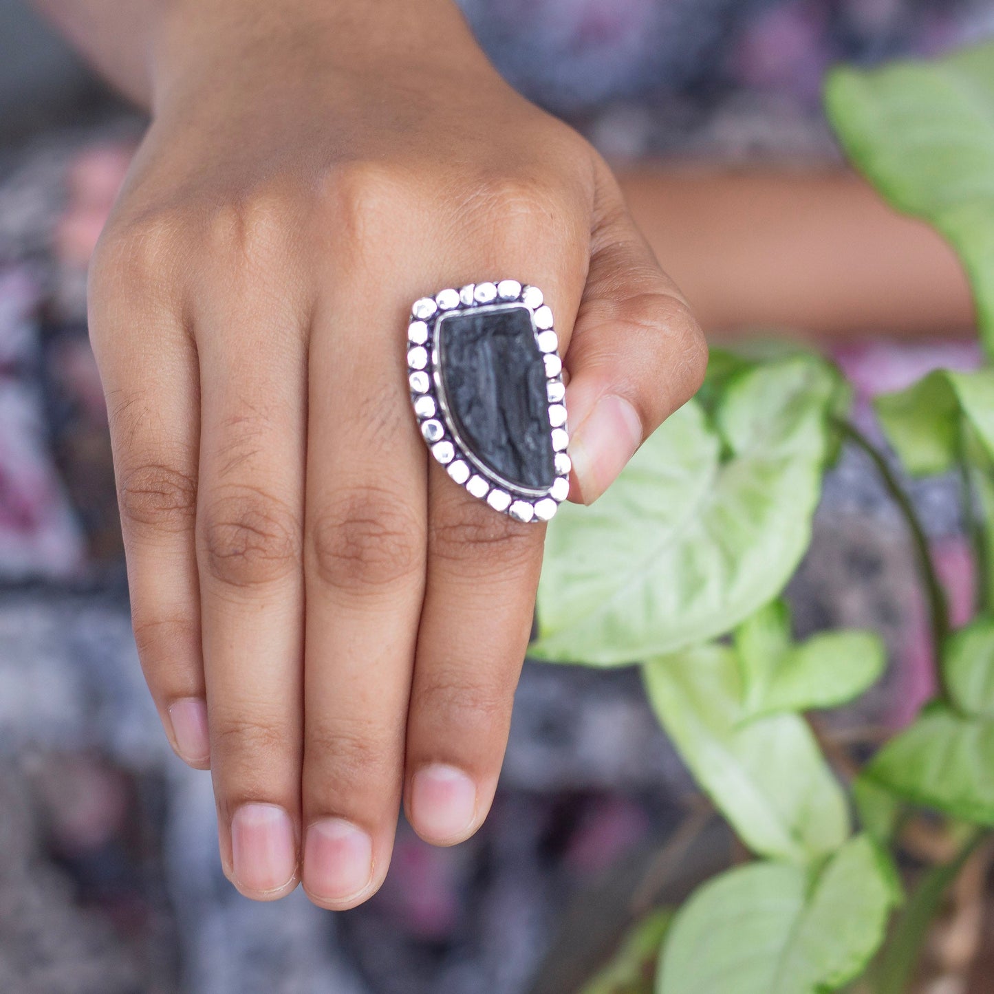 Black Tourmaline Oxidised Statement Ring | Grounding & Protection Crystal Stones