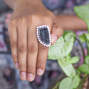 Black Tourmaline Oxidised Statement Ring | Grounding & Protection