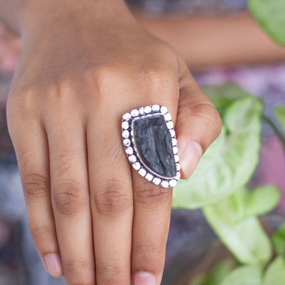 Black Tourmaline Oxidised Statement Ring | Grounding & Protection Crystal Stones