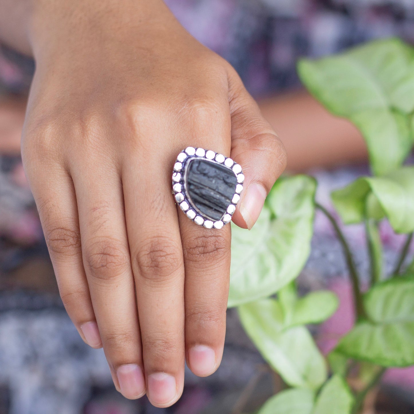 Black Tourmaline Oxidised Statement Ring | Grounding & Protection Crystal Stones