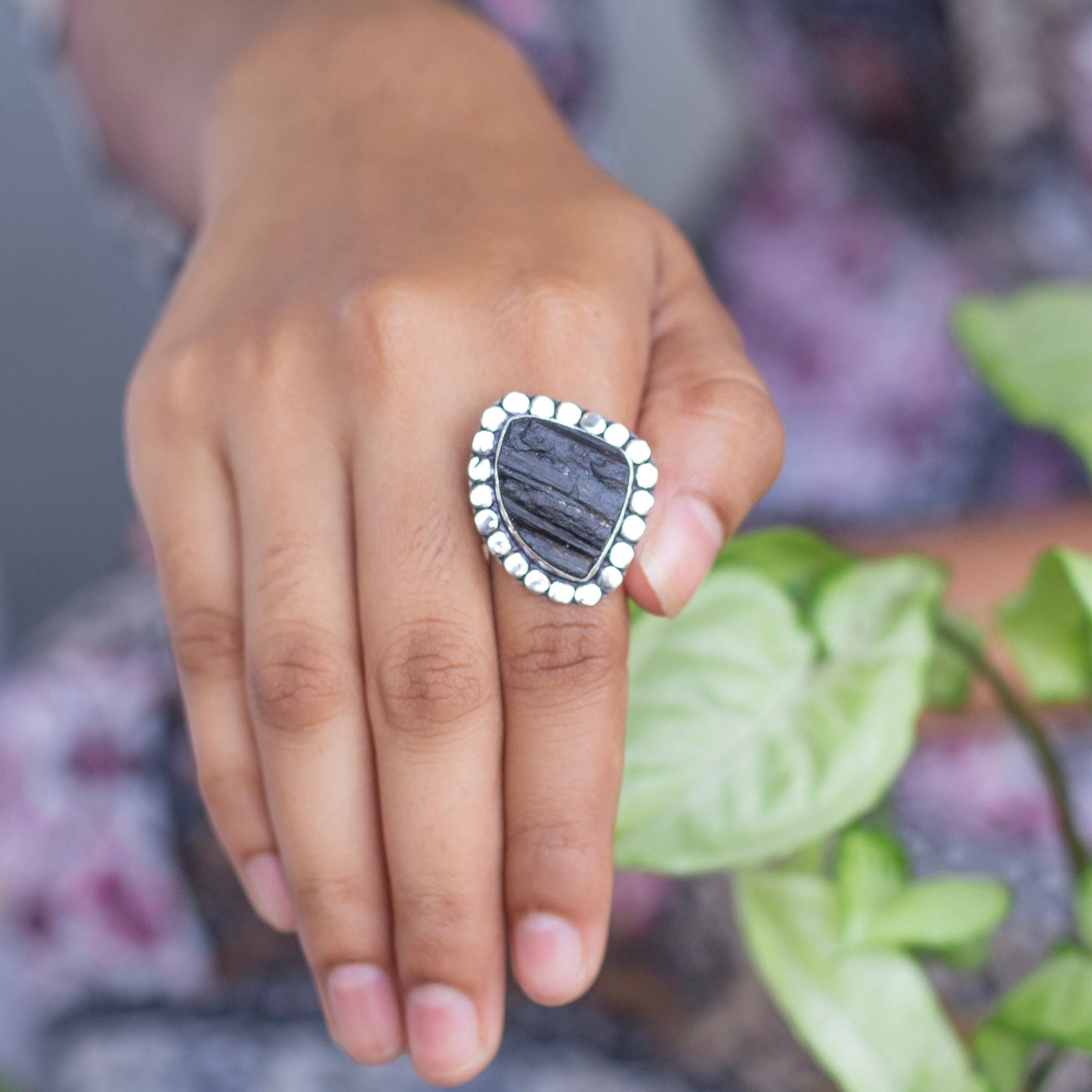 Black Tourmaline Oxidised Statement Ring | Grounding & Protection Crystal Stones