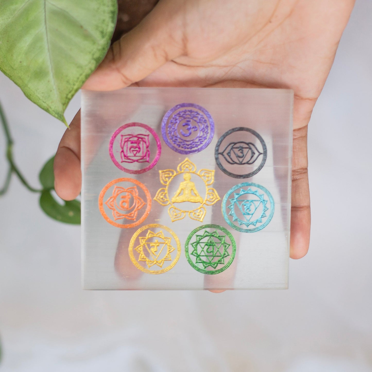 Selenite Seven Chakra Engraved Square Plate | 3 Inches Crystal & Stones