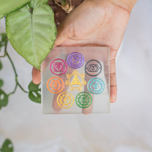 Selenite Seven Chakra Engraved Square Plate | 3 Inches Crystal & Stones