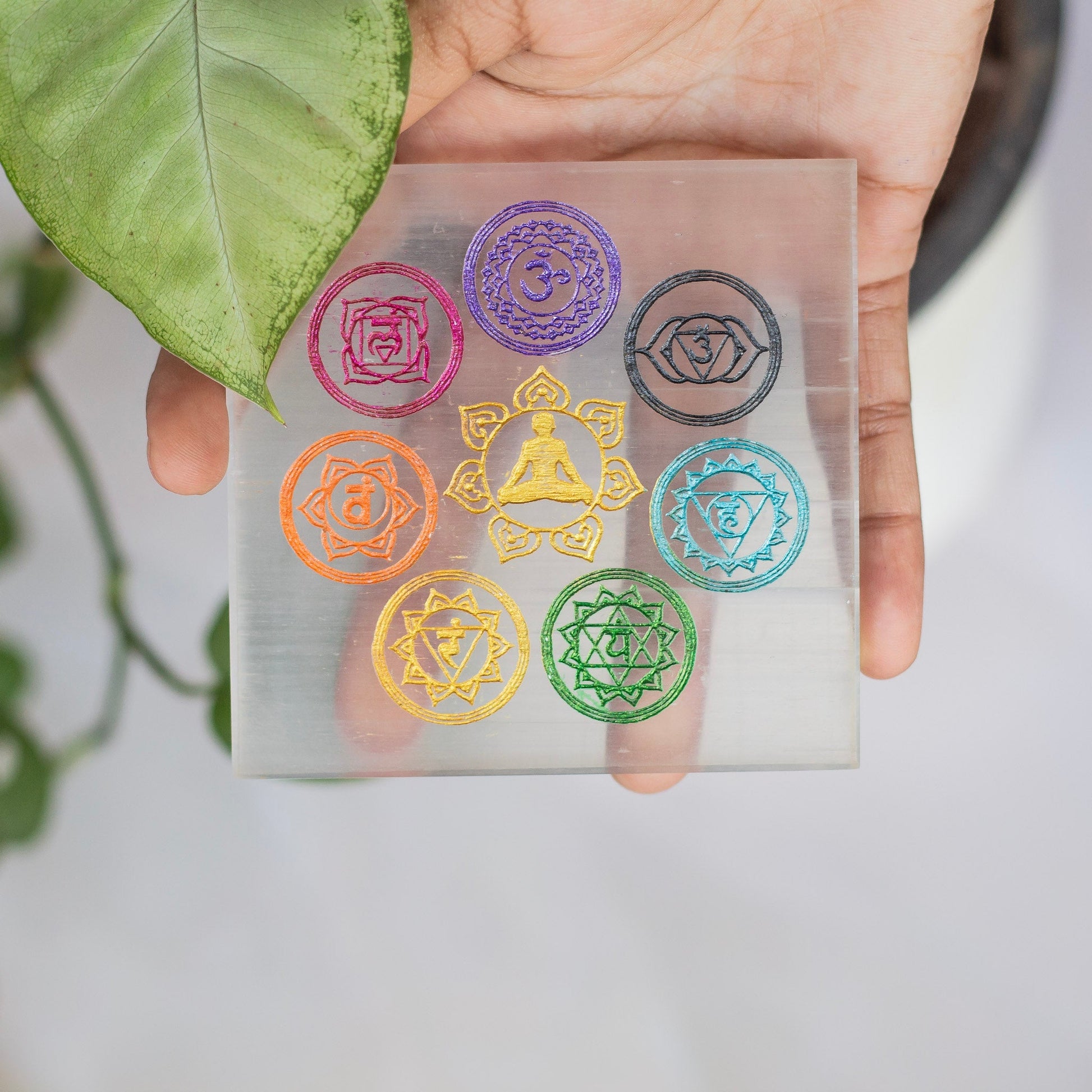 Selenite Seven Chakra Engraved Square Plate | 3 Inches Crystal & Stones
