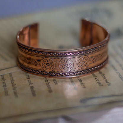 Pentacle & Celtic Knot Engraved Copper Bracelet Crystal Jewellery