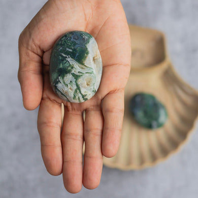 Moss Agate Palm Stone | Promotes wealth and business growth