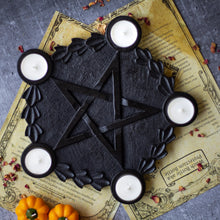 Load image into Gallery viewer, Black wooden Pentacle candle Holder