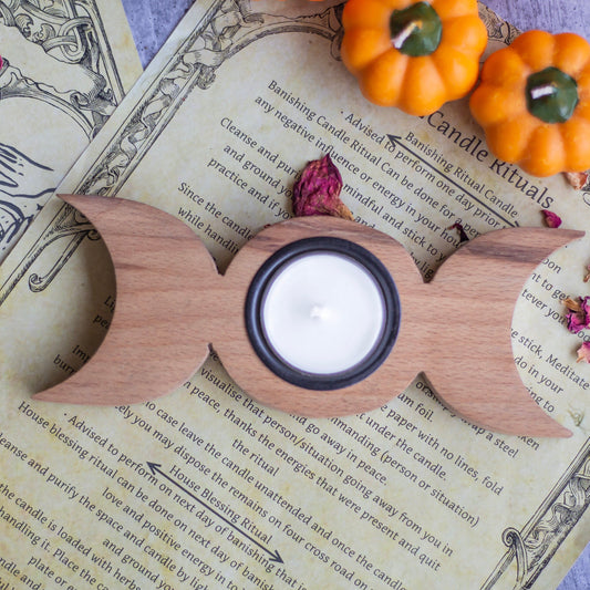 Triple Moon Wooden Tealight Candle Holder Altarware | Altar