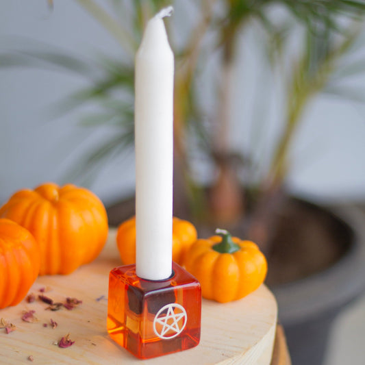 Orange Resin Pentacle Print Square Candle Holder Altarware | Altar