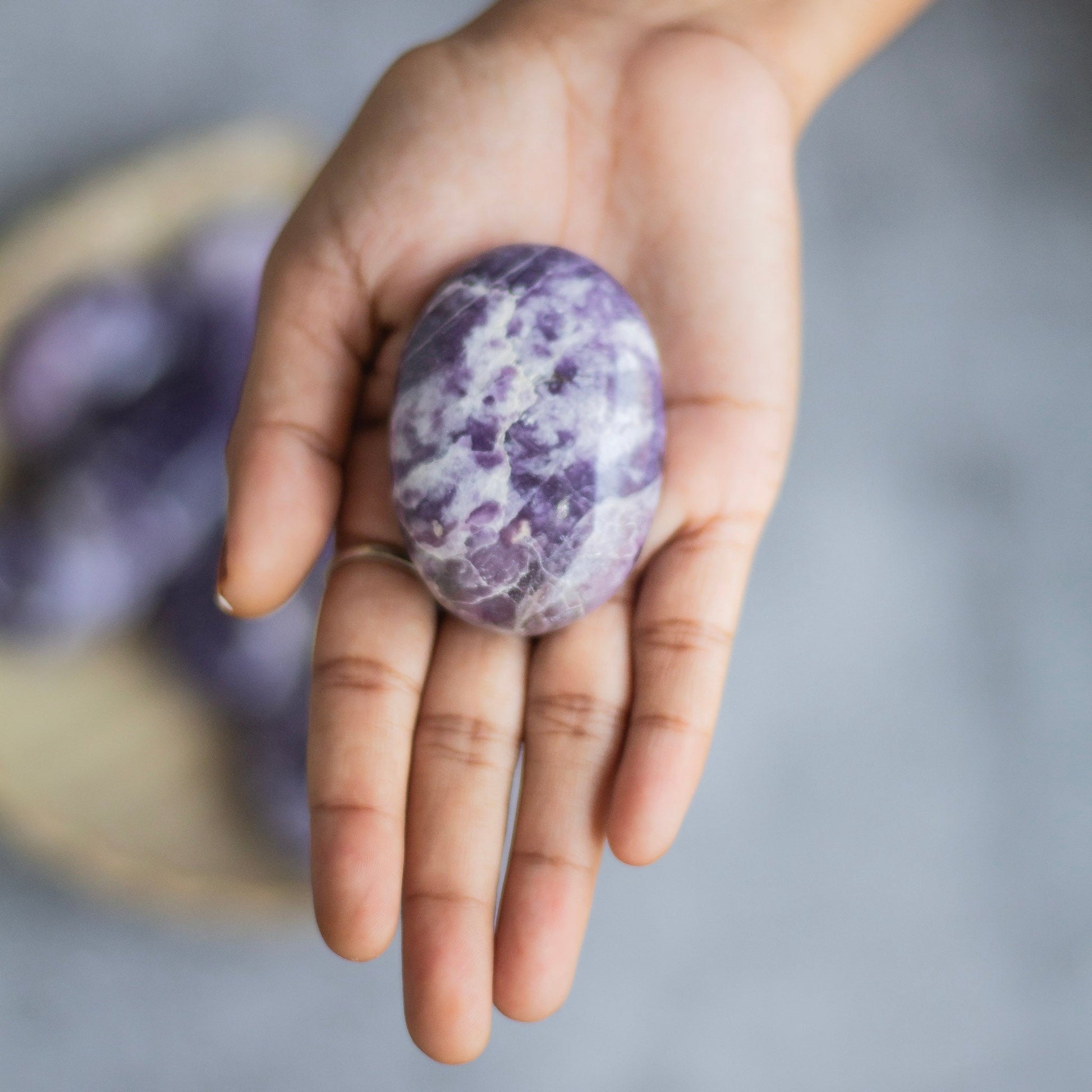 Lepidolite Palm Stone | Clear Blockages Of Heart Chakra & Third Eye Crystal Stones