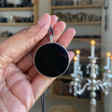 Black Obsidian scrying mirror fine Silver Pendant