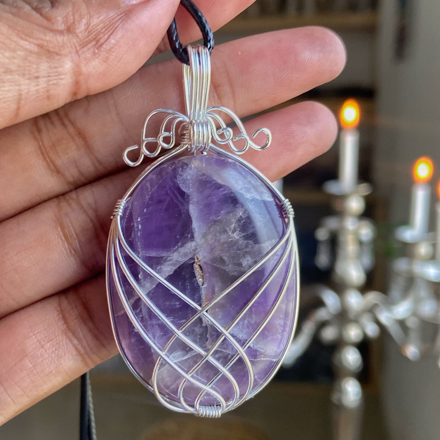 Amethyst Silver Wire Wrapped Pendant With Black Cord Crystal & Stones