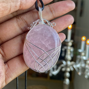 Rose Quartz silver wire wrapped pendant with black cord