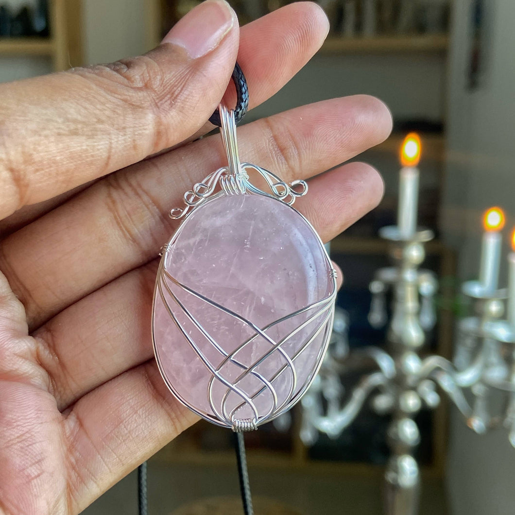 Rose Quartz silver wire wrapped pendant with black cord