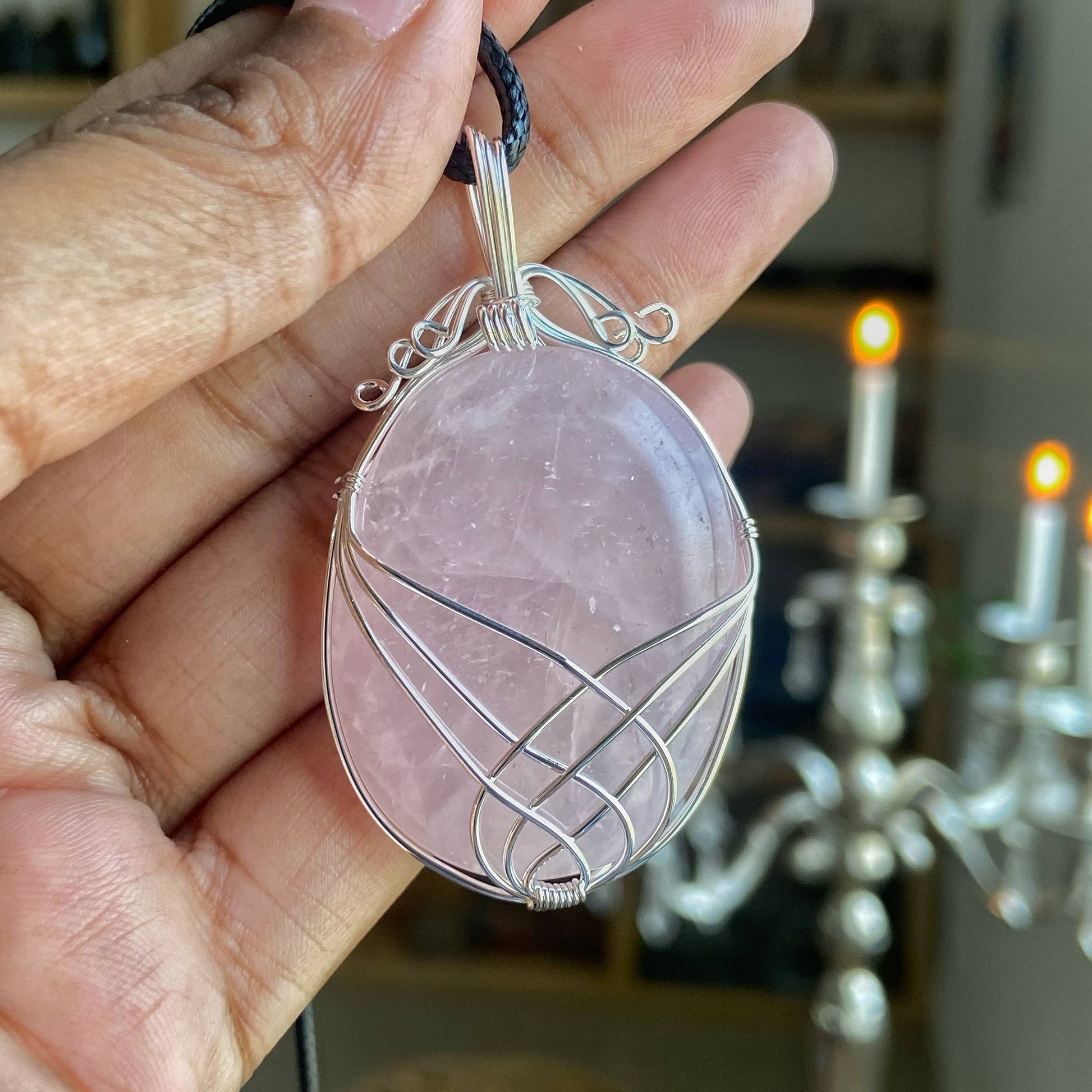 Rose Quartz Silver Wire Wrapped Pendant With Black Cord Crystal & Stones
