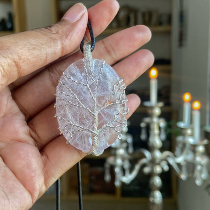 Clear Quartz Tree Of Life Silver Wire Wrapped Pendant With Black Cord Crystal & Stones