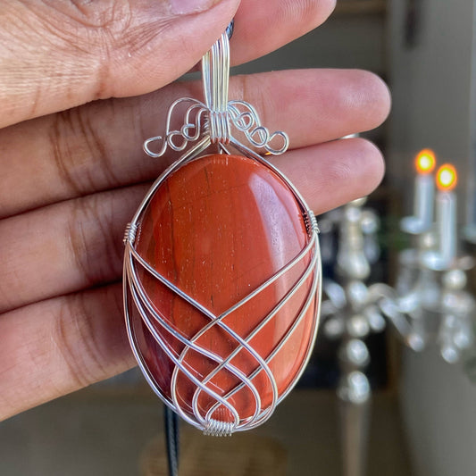 Red Jasper Silver Wire Wrapped Pendant With Black Cord Crystal & Stones