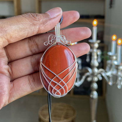 Red Jasper Silver Wire Wrapped Pendant With Black Cord Crystal & Stones