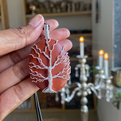 Red Jasper Tree Of Life Wire Wrapped Pendant With Black Cord Crystal & Stones