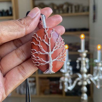 Red Jasper Tree Of Life Wire Wrapped Pendant With Black Cord Crystal & Stones