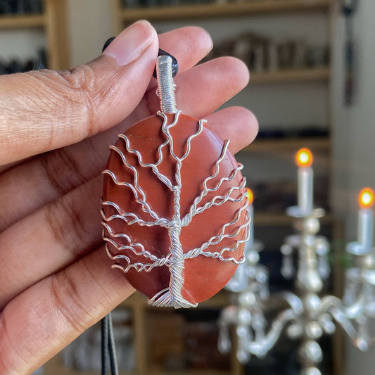 Red Jasper Tree Of Life Wire Wrapped Pendant With Black Cord Crystal & Stones