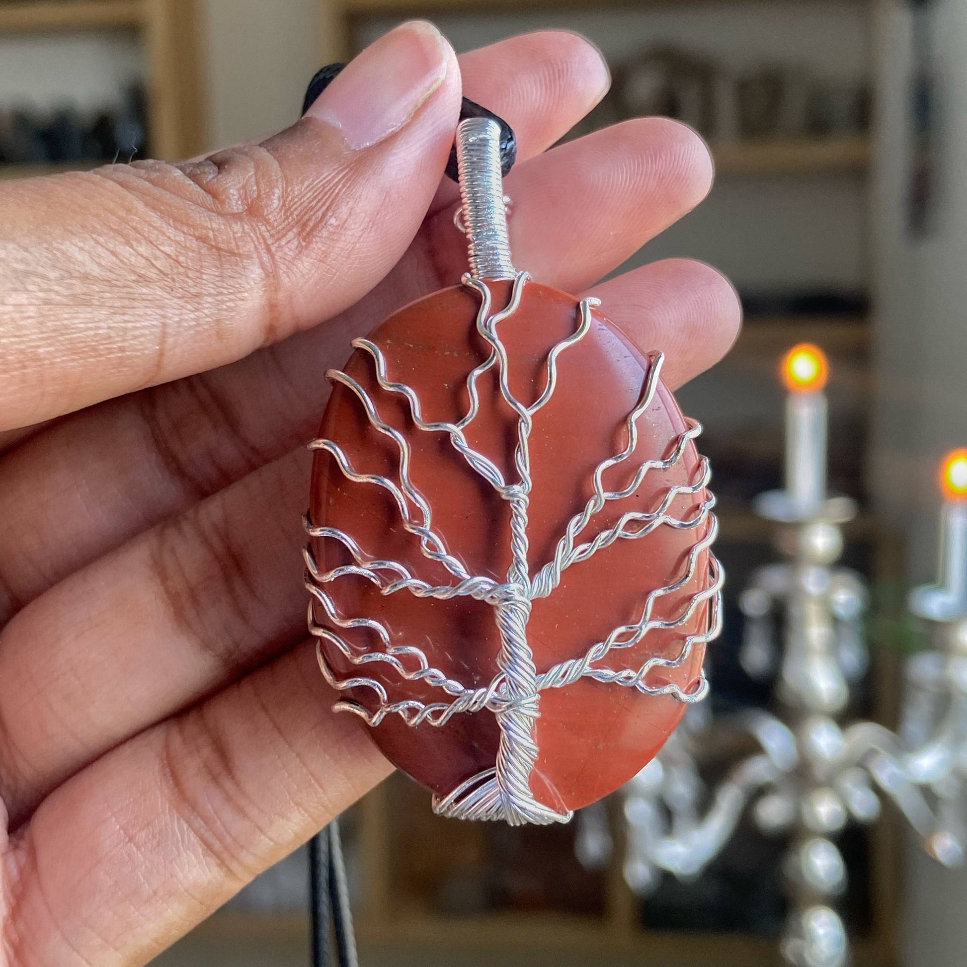 Red Jasper Tree Of Life Wire Wrapped Pendant With Black Cord Crystal & Stones