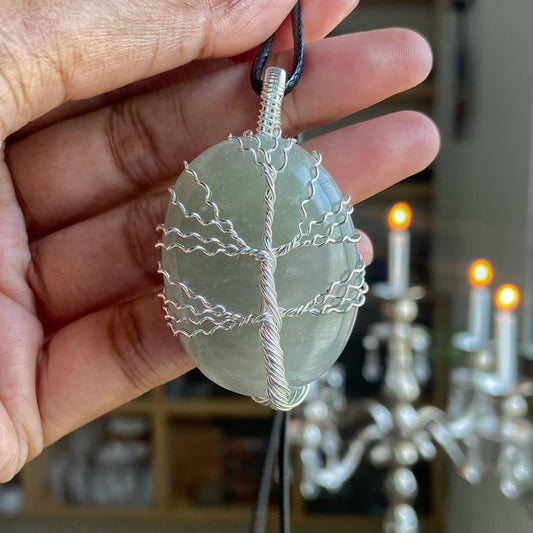Green Aventurine Tree Of Life Silver Wire Wrapped Pendant With Cord Crystal & Stones