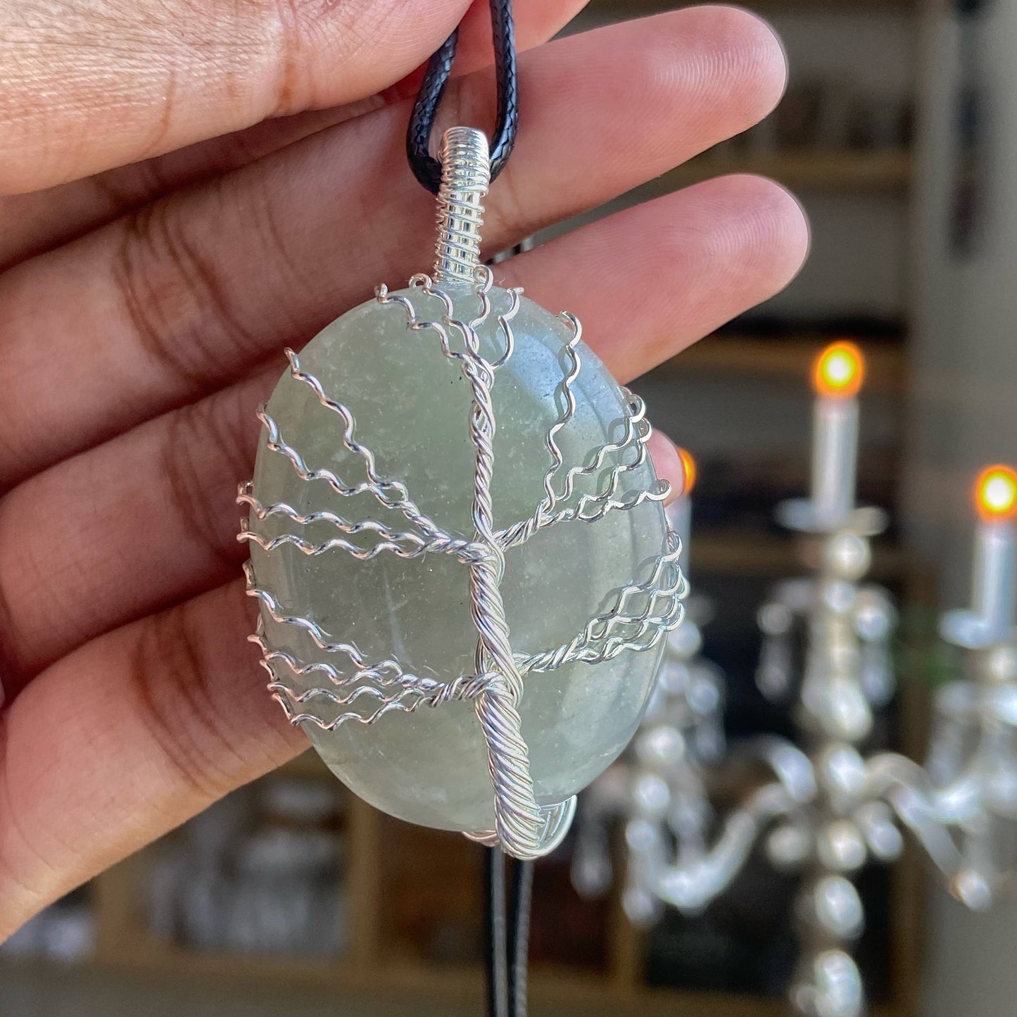 Green Aventurine Tree Of Life Silver Wire Wrapped Pendant With Cord Crystal & Stones