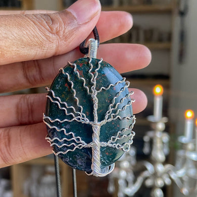 Bloodstone tree of life silver wire wrapped pendant with cord