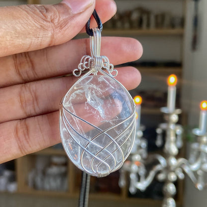 Clear Quartz Silver Wire Wrapped Pendant With Black Cord Crystal & Stones