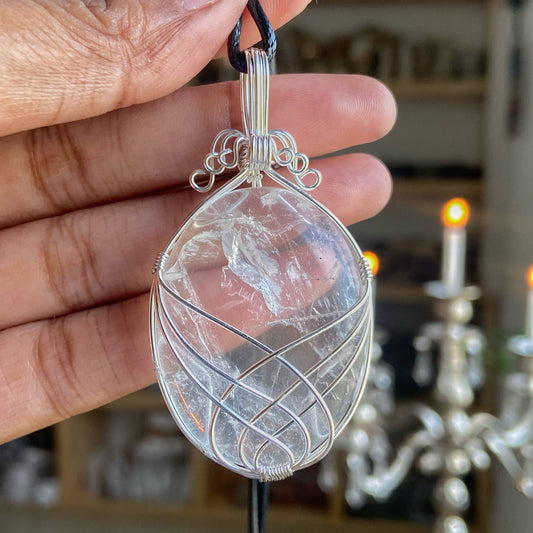 Clear Quartz Silver Wire Wrapped Pendant With Black Cord Crystal & Stones