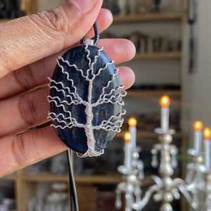 Black Tourmaline tree of life silver wire wrapped pendant with cord