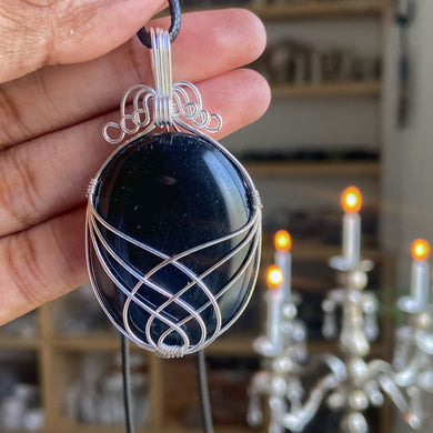 Black Obsidian silver wire wrapped pendant with black cord
