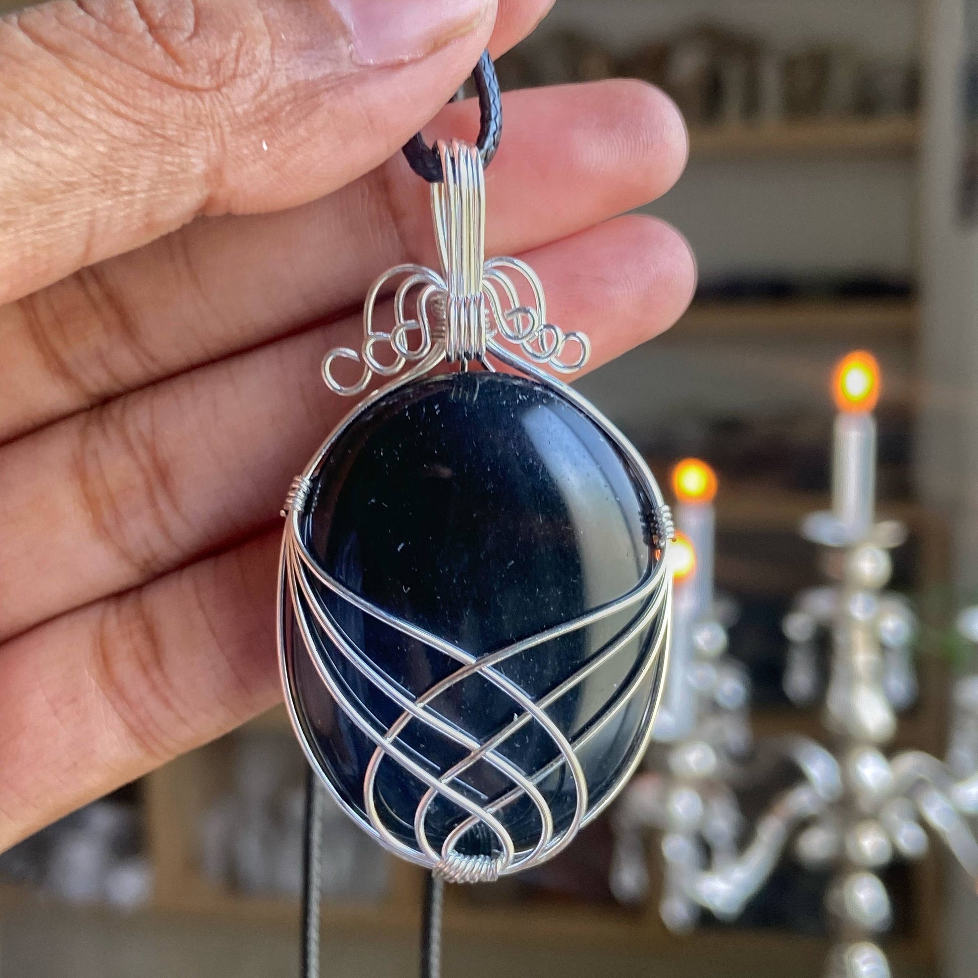 Black Obsidian Silver Wire Wrapped Pendant With Black Cord Crystal & Stones