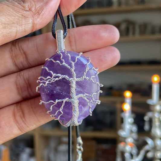 Amethyst Tree Of Life Silver Wire Wrapped Pendant With Cord Crystal & Stones