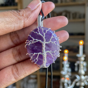 Amethyst tree of life silver wire wrapped pendant with cord