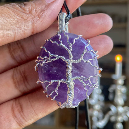 Amethyst Tree Of Life Silver Wire Wrapped Pendant With Cord Crystal & Stones