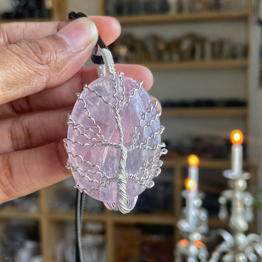Rose Quartz Tree Of Life Silver Wire Wrapped Pendant With Cord Crystal & Stones