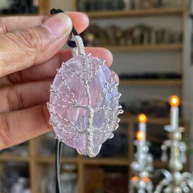 Rose Quartz tree of life silver wire wrapped pendant with cord