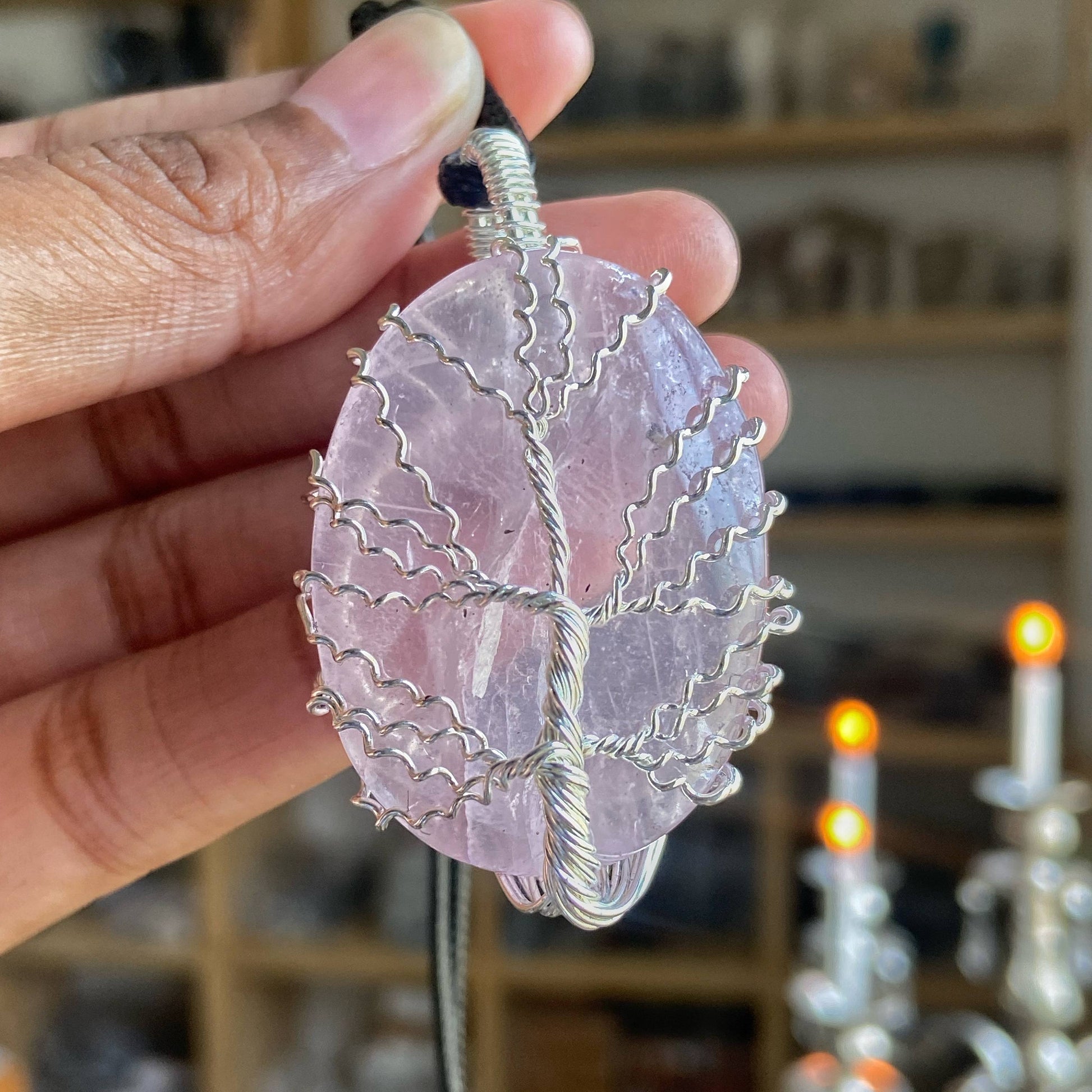 Rose Quartz tree of life silver wire wrapped pendant with cord