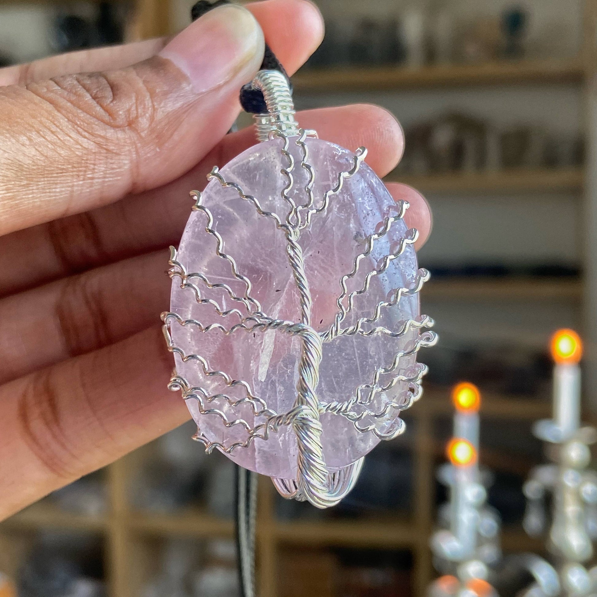 Rose Quartz Tree Of Life Silver Wire Wrapped Pendant With Cord Crystal & Stones