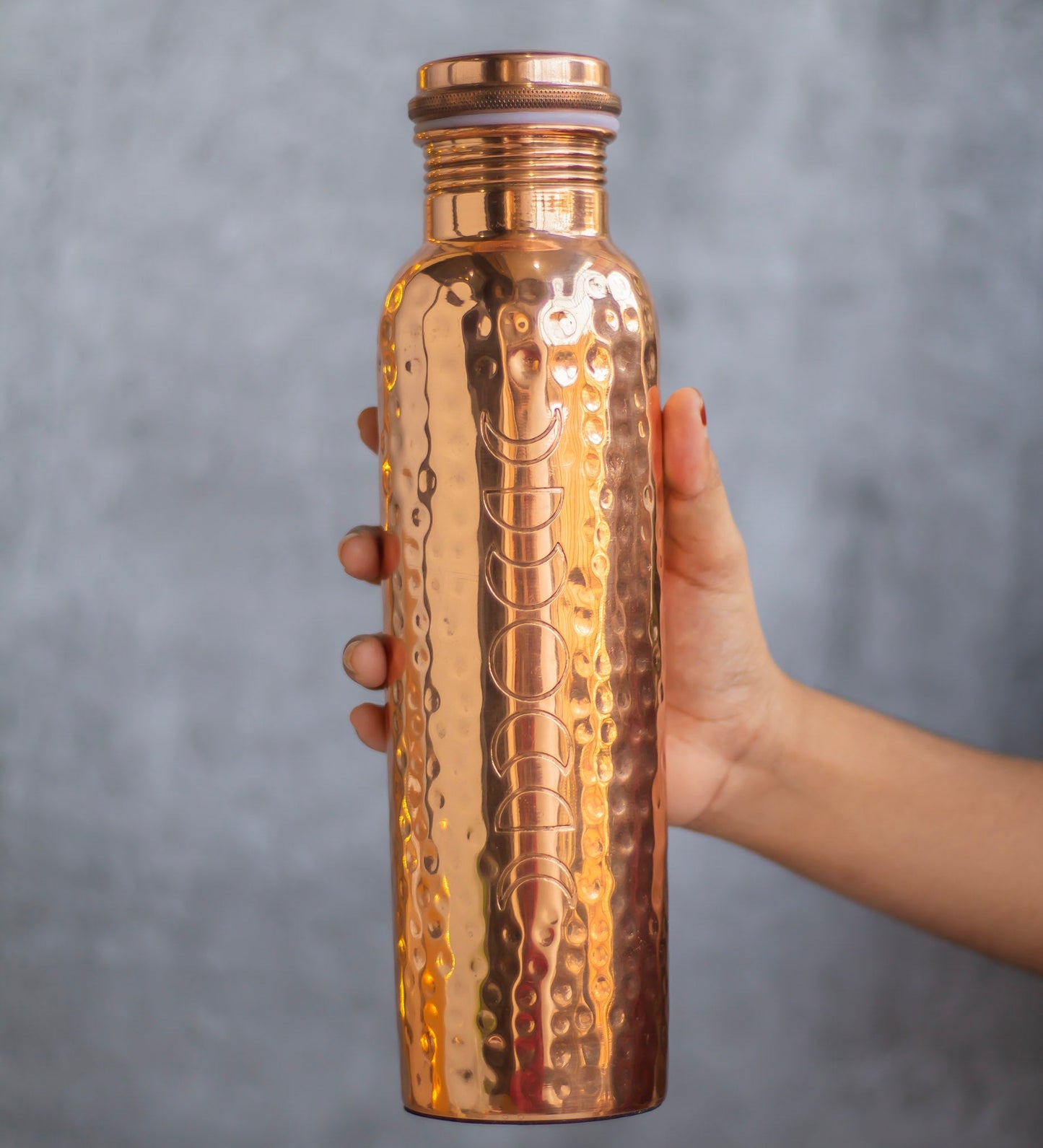 Moonphase Carved With Hammered Design Copper Bottle Altarware | Altar